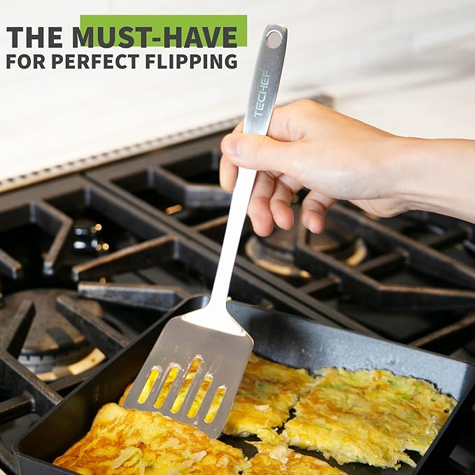 TECHEF - ChefCore 304 Stainless Steel Slotted Turner Spatula with Ergonomic Handle, One-Piece Unibody Design, Rustproof & Heat Resistant, 10.5" Serving Utensil – Made in Korea