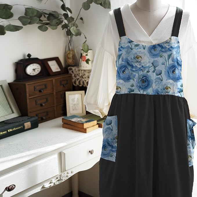 Uaussi Cotton Linen Apron Cross Back Work Apron for Women with Pockets Pinafore Dress X Cross Halter Apron for Chef Gardening