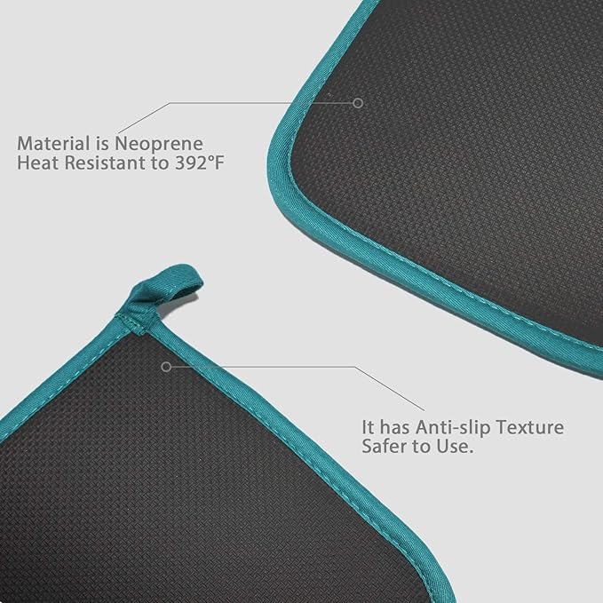 2Pcs Cotton and Neoprene Oven Pads Pot Holders with Pocket 8"x8.5" Dual-Function Hot Pad Set for Finger Hand Wrist Protection Heat Resistant to 428°F Teal,Green