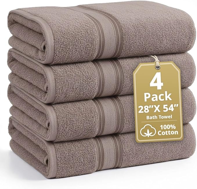 LANE LINEN 100% Cotton Bath Towels Set of 4 (28"x54") - Zero Twist, Mercerized Cotton Bathroom Towel Set - Quick Dry, Very Soft & Absorbent Large Bath Towels - Mininmal Lint After 3 Washes - Platinum