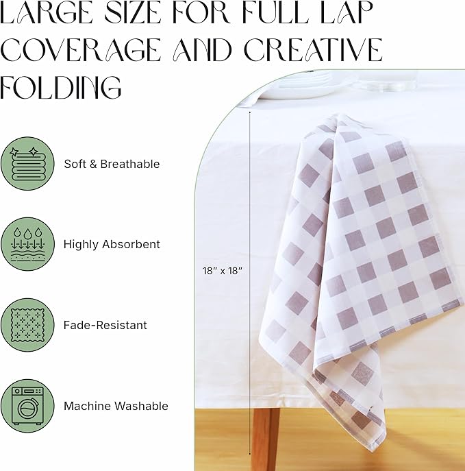 Cloth Napkins Set of 12, 100% Cotton Reusable Gingham Printed Dinner Napkins, 18x18 Inch Washable Table & Kitchen Napkins for Home, Dining, Entertaining – Cloud Gray & White