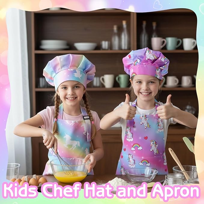 2 Pack Kids Apron and Chef Hat Adjustable Kitchen Cooking Aprons with Pockets for Girls Boys Baking Painting