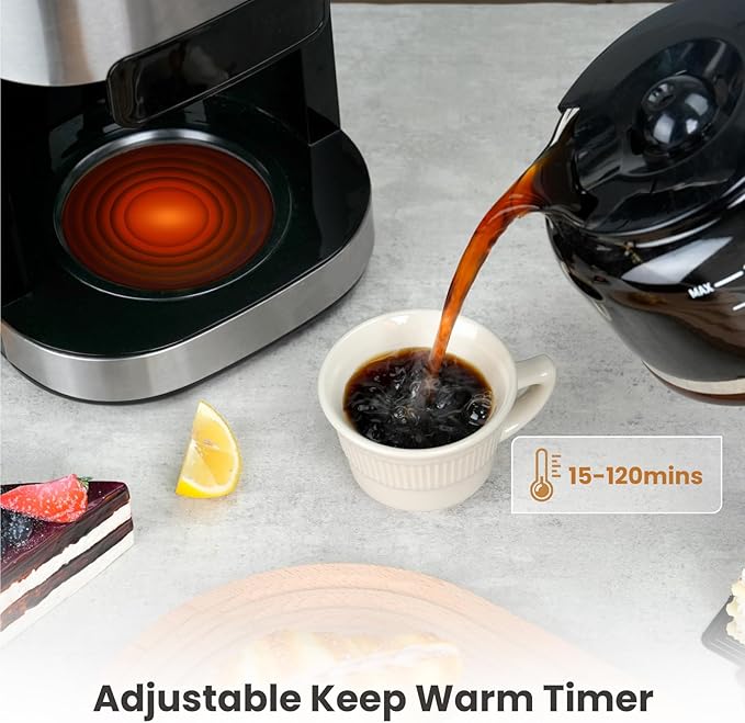 Gevi 10-Cup Drip Coffee Maker, Built-in Burr Grinder, 1.5L Water Tank, Programmable Timer, Auto Keep-Warm, Reusable Filter, Fresh Grind Coffee Machine, Black