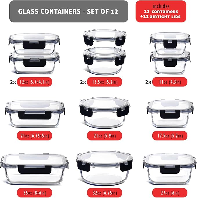 Nestl 24pc (12 Airtight, Freezer Safe Food Storage Containers and 12 Lids), Pantry Kitchen Storage Containers, Glass Meal Prep Container for Lunch, Glass Storage Containers with Lids Black