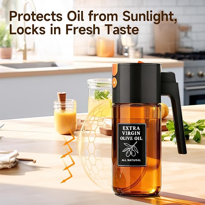 Oil Dispenser and Sprayer 16oz/500ml 2 in 1 Oil Mister for Cooking, Fine Mist Oil Sprayer with Portion Control Non Aerosol Leak Proof Design, UV Resistant Glass（Black）