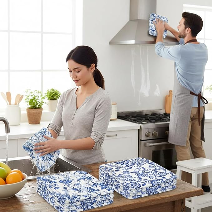 Tinlade 36 Pack Reusable Cleaning Cloths Washable Cotton Kitchen Towels Bulk 11.81 x 9.84 Inches Absorbent Dish Towels Roll for Home Kitchen Cleaning Supplies 12 Styles (Swedish Blue Floral)