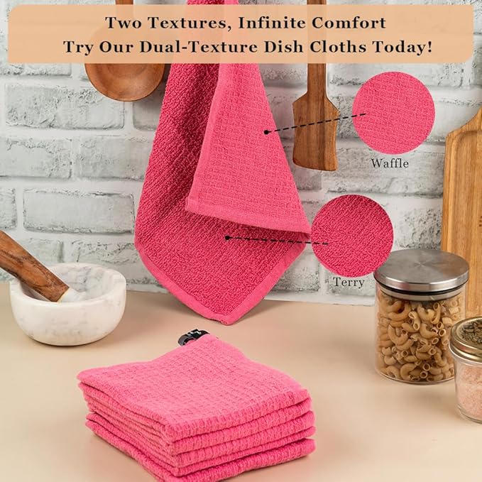 Kitchen Cleaning Dish Wash Cloths Waffle Terry Design Kitchen DishCloths|Washable 12x12 Cotton Dish Rags for Drying Dishes|Counter Top Barista Dust Wipes|Spring Easter Basket Decor| 6 Pc Set- Pink