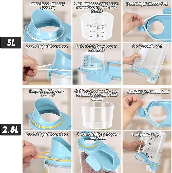 LEAWALK Dog Food Storage Container, Upgraded Large Nozzle BPA-free, 3-5 LBS Plastic Pet Food Storage Containers, With 4 Sealed Clasps, 1 Measuring Cup and Handle (Bright blue-A)