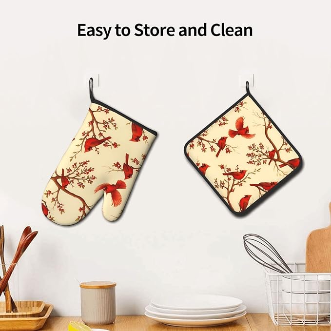 Red Cardinal Oven Mitts and Pot Holders Sets of 3, Non-Slip Christmas Heat Resistant Kitchen Gloves Hot Pad, Cardinal Gifts for Women, Rustic Christmas Kitchen Decor, Baking Cooking Grilling Gifts