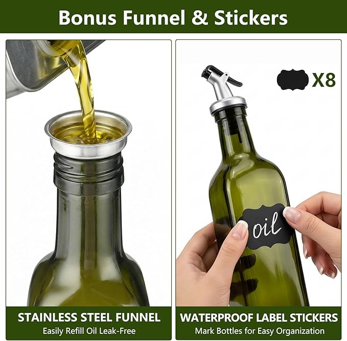 WERTIOO Green Olive Oil Dispenser Bottle,17oz Glass Oil and Vinegar Dispenser for Kitchen, 500ml Glass Bottles for Vinegar Oliveoil with Label and Funnel