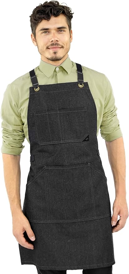 Under NY Sky Essential Black Denim Apron – Cross-Back with Leather Reinforcement – Adjustable for Men and Women – Pro Chef, Tattoo Artist, Baker, Barista, Bartender, Server Aprons