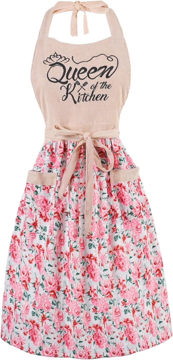 Cute Floral Aprons for Women with Pockets,Cotton Adjustable Neck Strap Apron for Kitchen Cooking Baking Gardening