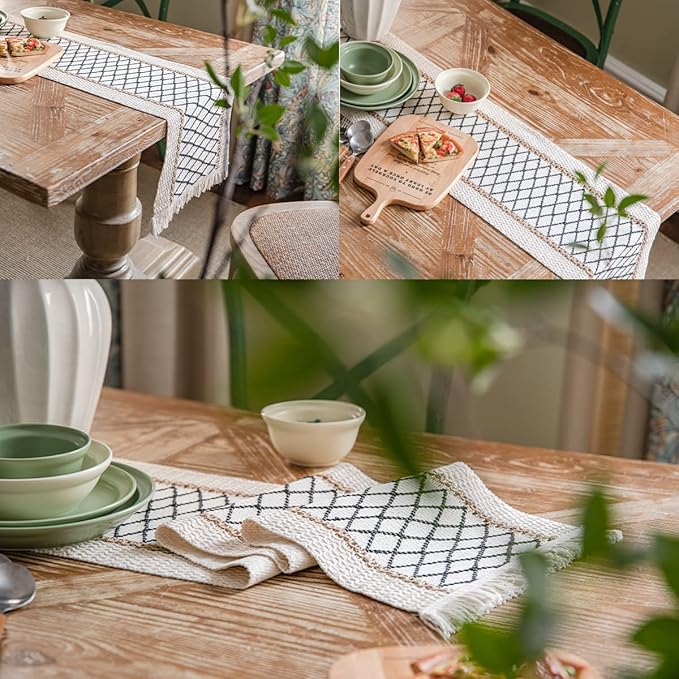 Table Runner, Boho Table Runner Cotton Linen Table Decorations, Farmhouse Table Runners with Tassels for Bohemian Wedding Bridal Shower Rustic Home Dining Table (Black/Grid/12x72)