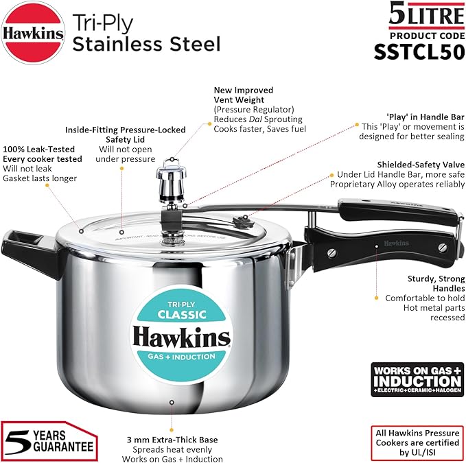 Hawkins Classic 5 Litre Tri-Ply Pressure Cooker, Triply Stainless Steel Inner Lid Cooker, Silver (SSTCL50)
