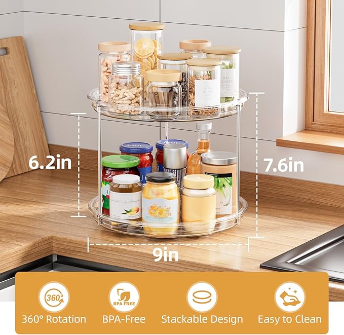 LAMU 2 Tier Lazy Susan Turntable Organizer for Cabinet, 9'' Rotating Spice Rack for Kitchen, Pantry, Countertop, Bathroom, Vanity, Under Sink, Medicine Cabinet Organizer, 4 Pack