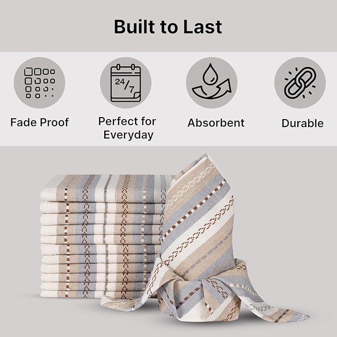 LFH Home Cotton Rich Cloth Salsa Napkin Set of 12 Washable Soft Durable Striped Table Napkins for Dining Wedding Daily Use Reusable Eco-Friendly Fabric Napkins (18x18)-Cream Multi Thanks Giving