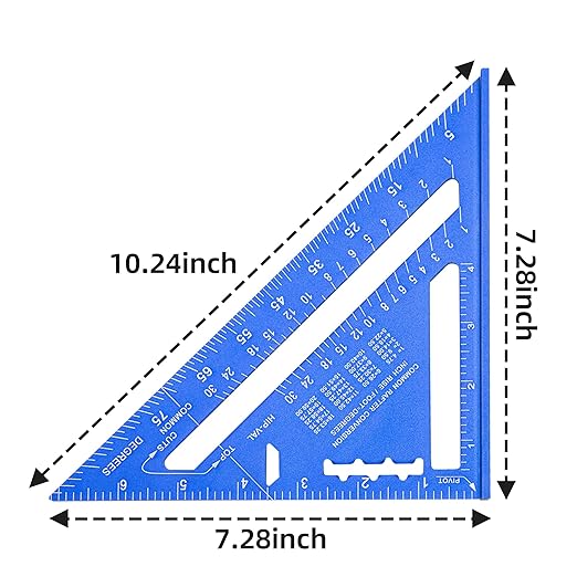 Beslands Carpenter Square 7 inch, Rafter Square Tool Metal Aluminum Alloy for Carpentry Layout Measuring Wood Square Triangle Right Angle 90 Degree Ruler Protractor Blue Imperial, Framing Square
