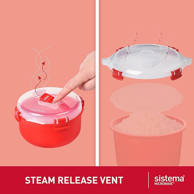 Sistema Microwave Rice Cooker & Round Microwave Food Container Set | 2.6L, 915ml | Food Containers with Steam-Release Vents | BPA-Free | 2 Count