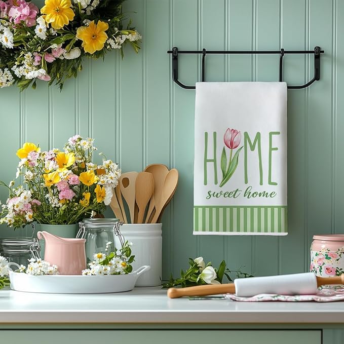 Tulip Hello Spring Kitchen Towels Set of 2,Green Floral Dish Hand Towels Farmhouse Indoor Outdoor Holiday Seasonal Decorations DD094