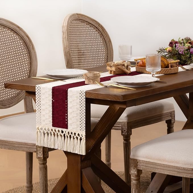 DeZerlor Boho Macrame Table Runner Spring Easter Farmhouse Woven Table Runner with Tassels 90 Inches Ivory& Burgundy Red Cotton Linen Kitchen Table Decor for Dining Dresser Home Tea Table Decor