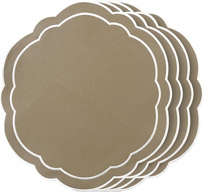 Round Placemats Set of 4, Cotton Linen- Double Layered, Luxury Scalloped Embroidered Cloth Table mats, 16 inch, Washable Fabric Dining Placemat (Beige)