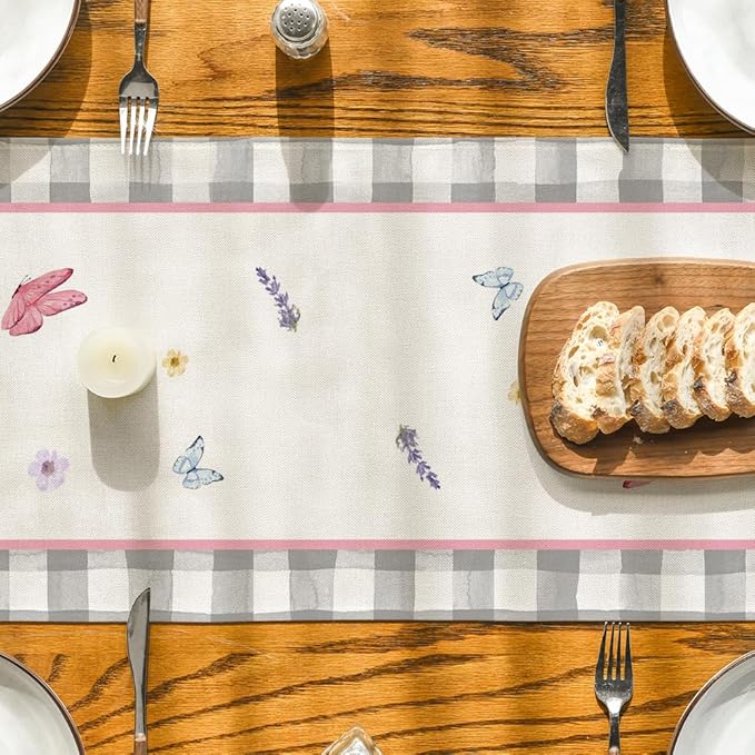 Artoid Mode Buffalo Plaid Vase Lavender Tulip Spring Table Runner, Seasonal Kitchen Dining Table Decoration for Home Party Decor 13x48 Inch