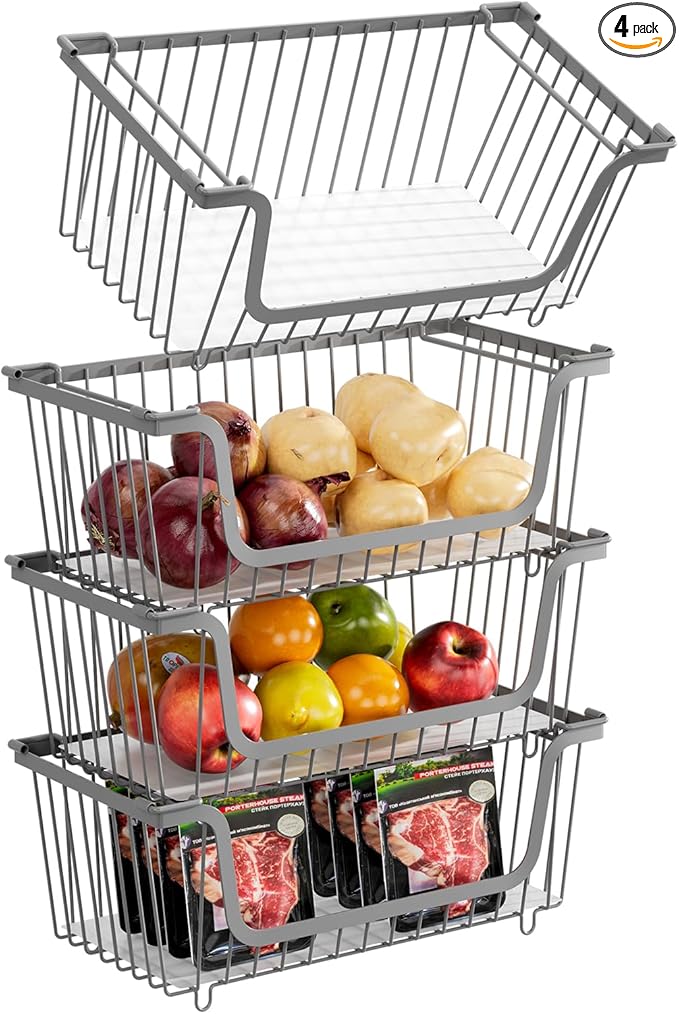 GAOKASE 4 Pcs Stackable Wire Baskets for Pantry Organizers and Storage,Vegetable Fruit Basket for Countertop,Kitchen Storage Metal Baskets,Produce Potato Onion Storage Bin,Gray