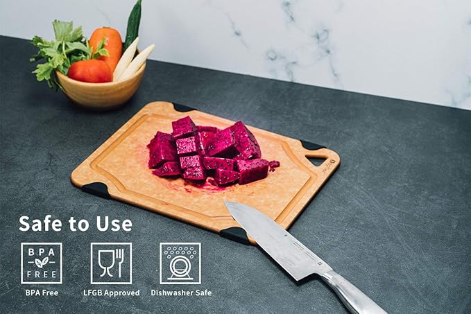 Cutting Board for Kitchen Dishwasher Safe, Toptier, Wood, Fiber , Eco-Friendly, Non-Slip, Juice Grooves, Non-Porous, BPA Free, Small, Silicone, 11.5 x 9.25-inch, Natural Slate