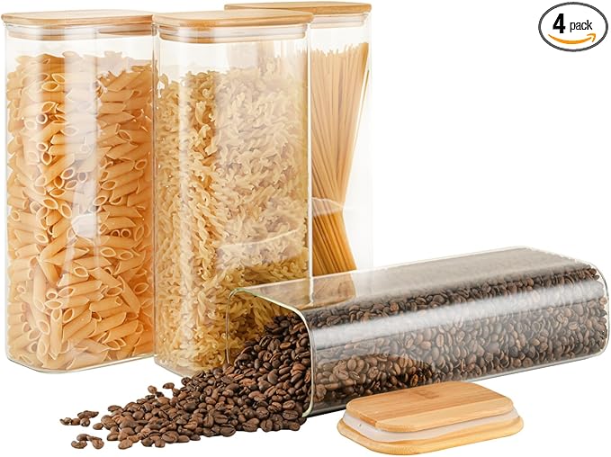 D2scrma 71oz Rectangle Airtight Glass Storage Containers with Bamboo Lids (Set of 4), Square Food Storage Jar, Pantry Organizers for Sugar, Flour, Spaghetti and Coffee beans (‎with Black Lable)