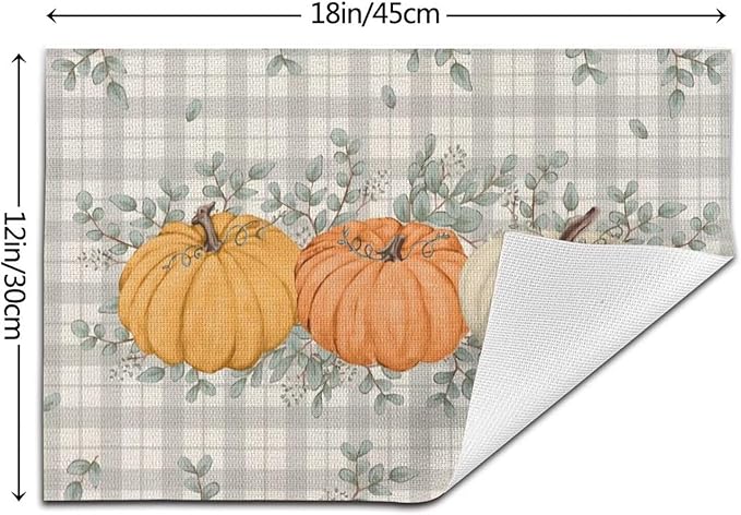 Fall Pumpkin Placemats 12x18 Set of 4, Orange White Pumpkin Buffalo Plaid Table Place Mat Autumn Watercolor Harvest Washable Table Mats Decorative Linen Fabric Table Mat for Dining Table