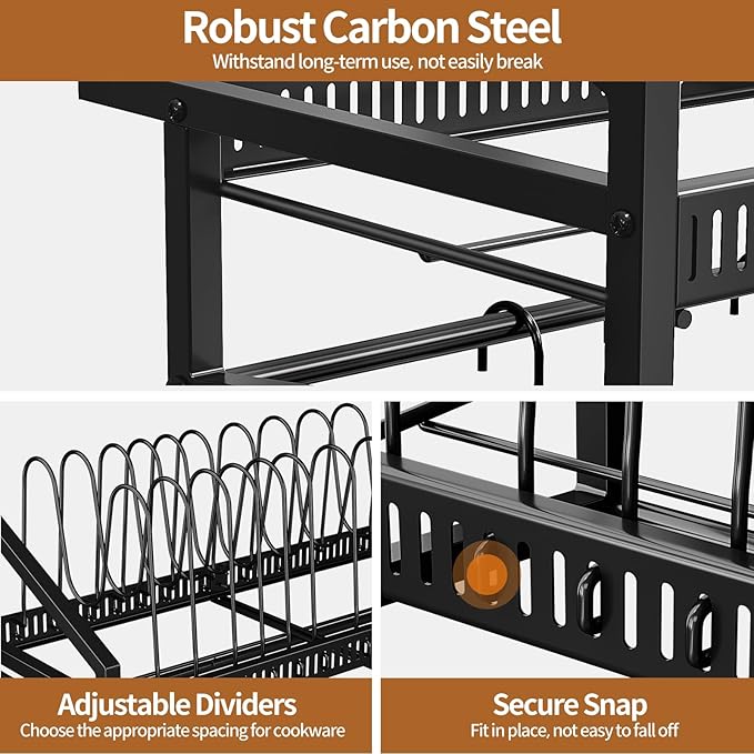Housolution Pan Rack Wall Mounted, 24.8" Vertical Lid Organizer with 14 Adjustable Dividers, Heavy Duty Hanging Cookware Holder Hanger with 6 S-Hooks & 6 Vertical Hooks