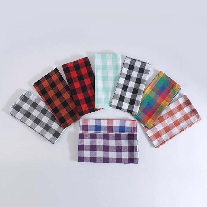 FINGERCRAFT Cloth Napkins, Everyday Use, Premium Quality, Cotton Buffalo Plaid, Set of 12, 20X20 Inch Oversized Napkins Cloth Mitered Corners, Soft, Durable Hotel Quality Brown White Checkered