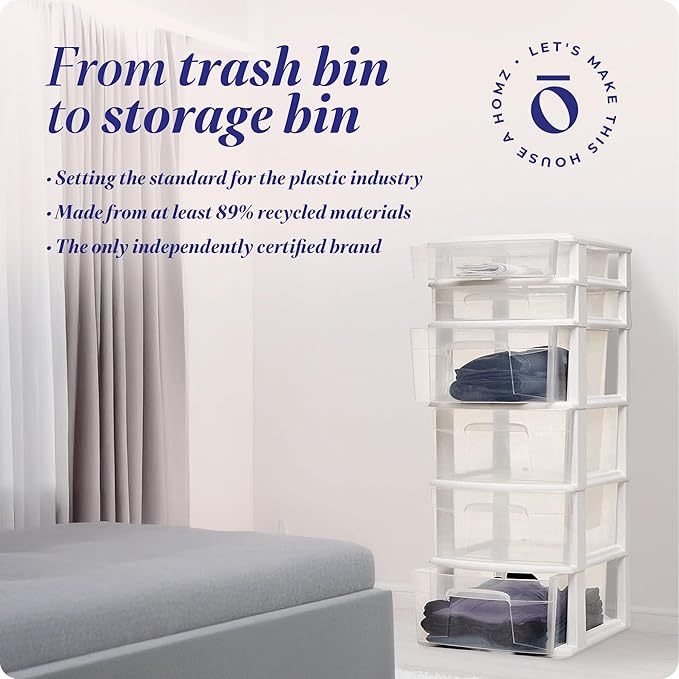 HOMZ Drawer Tower, 6-Tier Clear Plastic Storage Organizer Cart, White Frame - Heavy-Duty Organizing Drawers for Home, Bedroom, and Closet Organization