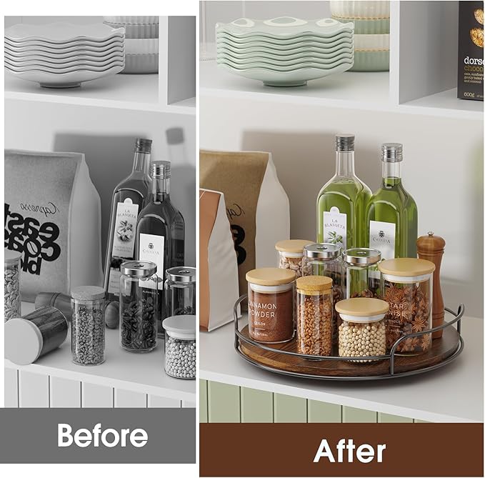 LAMU 2 Pack 9'' 11'' Lazy Susan Turntable Organizer for Table Top Cabinet, Wooden Lazy Susan for Kitchen, Pantry, Countertop, Bathroom Vanity, Spice Organization, Wood Decor
