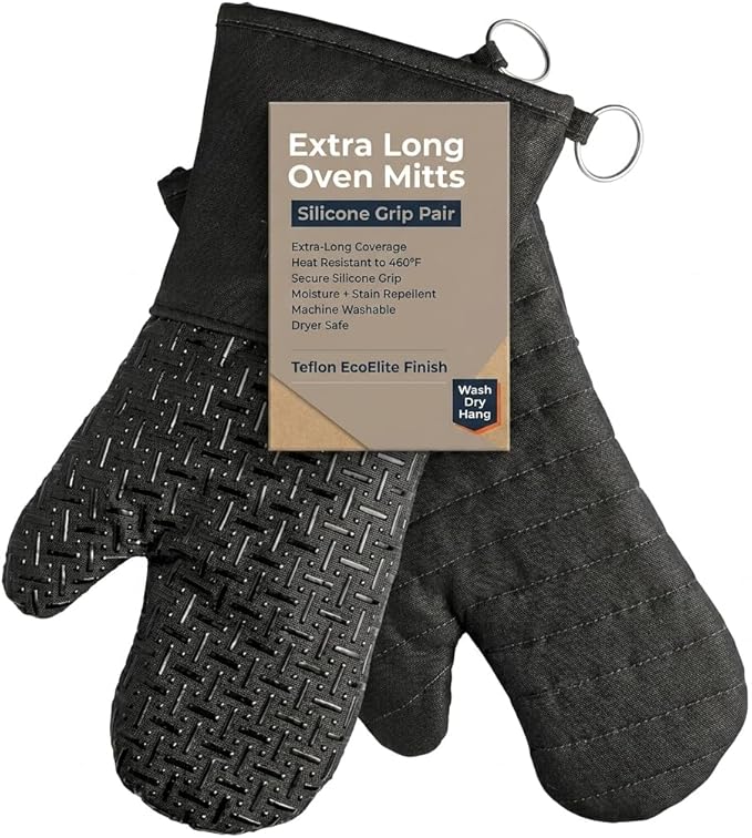Xlnt Extra Long Oven Mitts (Black) | Teflon EcoElite Water Repellent | Heat Resistant for Oven Cooking, Grill & BBQ | Non Slip Gloves with Teflon EcoElite Finish, Cotton Lining & Hanging Loop