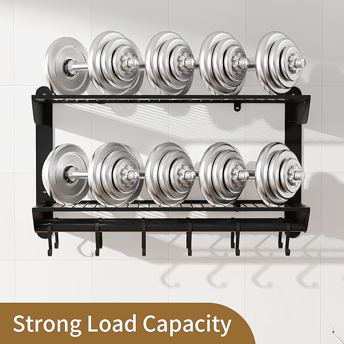 YIGII Pot and Pan Organizer with 12 Anti-Drop Hooks, 2 Tier Heavy Duty Pot Rack Wall Mounted, Kitchen Cookware Utensils Hanger Organizers and Storage