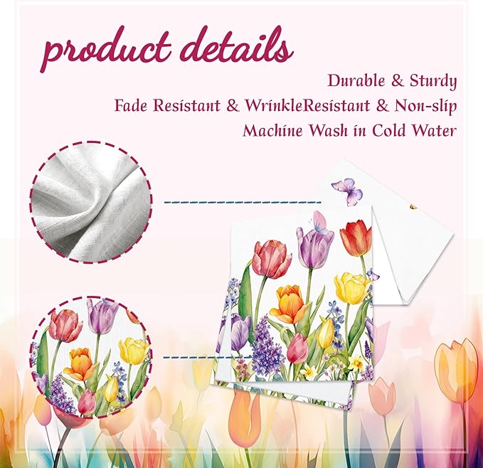 Tulips Table Runner, Spring Floral Table Runner 13x72 Inch, Pink Yellow Butterfly Pattern for Kitchen Dining Table, Indoor Outdoor Home Party Decor