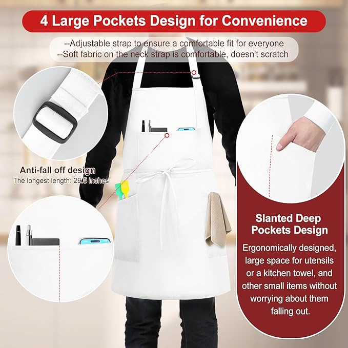 SHEOMERN 3 Pcs Dual Waterproof Oilproof Kitchen Chef Aprons with 4 Pockets for Men Women, Adjustable Soft Anti-Tear Cooking Bib Apron for Baking Grilling BBQ Painting Cleaning (White)