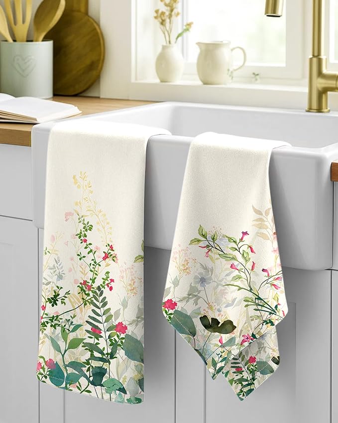 Miss Adola Flour Sack Kitchen Towels Set of 2-18x26 Cotton Dish Towels with Hanging Loop Reusable Tea Towel for Cleaning Spring Absorbent Dishcloths Cute Home Decor Housewarming, Ink Flowers
