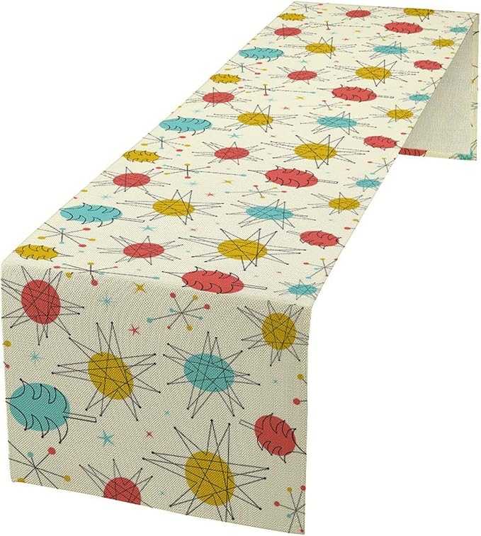 Mid Century Table Runner Retro Abstract Boho Geometric Atomic Starbursts Art Printed Dinner Runner for Home Kitchen Dining Table Decor Fabric 1 Panel W13xL108in