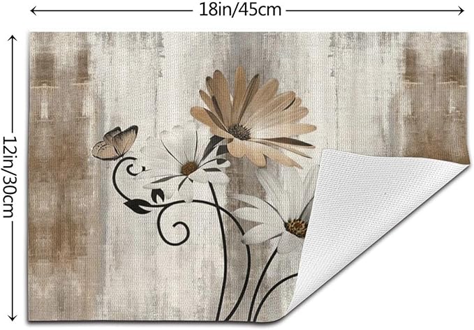 Floral Place mats Set of 4, 12x18 Inches Rustic Brown Daisy Flower Decorative Placemats Rectangle Floral Table Mats for Party Home Kitchen Dining Table Decoration