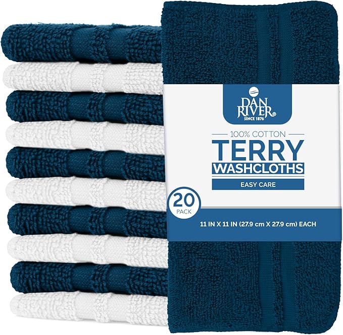 DAN RIVER 100% Cotton Washcloths 20 Pack Premium Quality Face and Body Cloth, Quick Dry Essential Towels for Bathroom, Hand, Kitchen & Cleaning, Baby Washcloths | 11X11 in | 400 GSM | Blue Opal+White