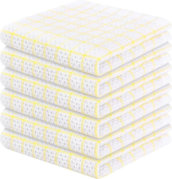 Homaxy 100% Cotton Dish Cloths, 6 Pack-12 X 12 Inches, Check Design Waffle Weave Dish Rags for Washing Dishes, Ultra Absorbent and Fast Drying Dishcloths, Yellow
