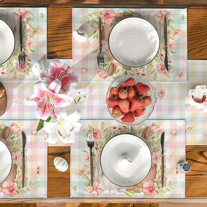 Artoid Mode Bunny Rabbit Flowers Floral Buffalo Plaid Easter Placemats Set of 4, 12x18 Inch Spring Table Mats for Party Kitchen Dining Decoration