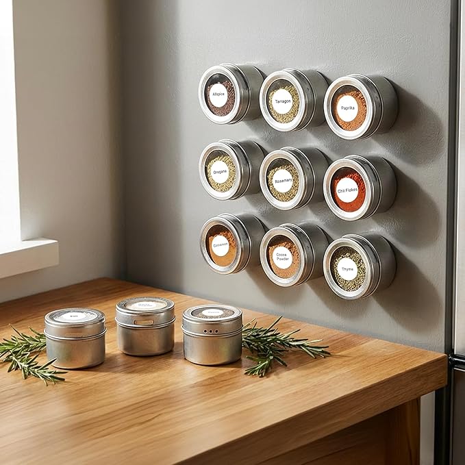 Bekith 20 Pack Magnetic Spice Jars, Magnetic Spice Containers for Refrigerator, Seasoning Tins with Clear Top Lid, 240 PVC Spice Label Set