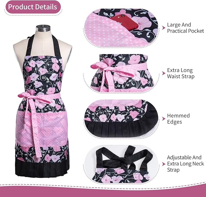 Lovely Flower Pattern Retro Aprons With Large Pockets for Women Girls Cooking Kitchen Bakery Mother's Gift