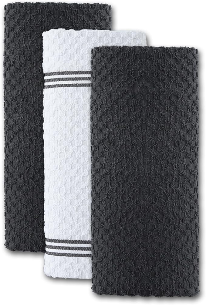 Infinitee Xclusives Premium Kitchen Towels – Pack of 3, 100% Cotton |15 x 25| Inches Absorbent Dish Towels - Terry Kitchen Dishcloth Towels - Grey Dish Cloth for Household Cleaning