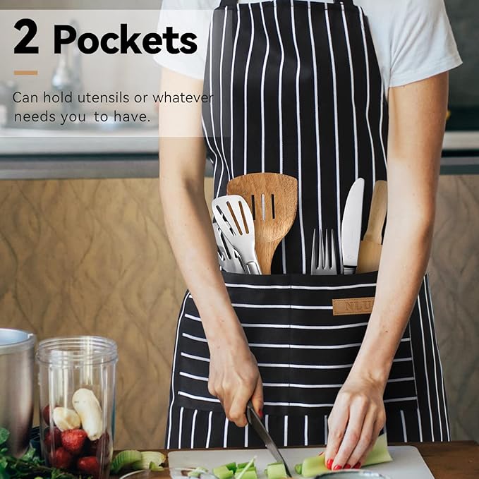 NLUS 2 Pack Cooking Aprons for Women with Pockets Adjustable Kitchen Bib Aprons for Women Men Chef, Black/White Stripe (Classic Black/White Stripes)