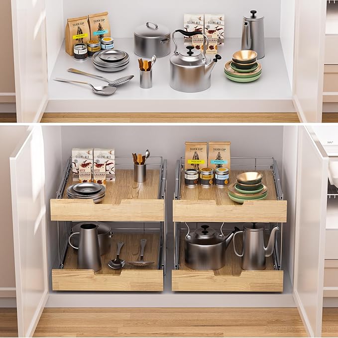 Sikarou Pull Out Cabinet Organizer,Heavy-Duty Slide Out Shelf, Wood and Wire Basket, Pull Out Drawer for for Kitchen Under Sink Space, Pantry, Bathroom, 2 Tie 17 * 21 in