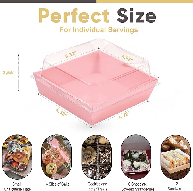 Leafiew 50 Pack Small Clear Treat Boxes - Dessert Boxes To Go - 5Inch Disposable Paper Mini Containers for Cookie, Cake Slice, Charcuterie, Bakery, Pastry, Strawberry, Baked Goods Packaging (Pink)